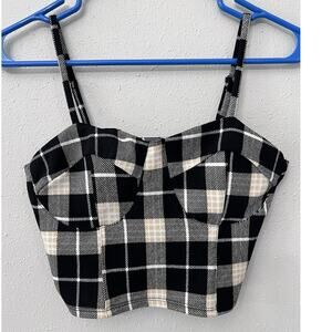 Plaid Bustier Cropped Top Sz S Straps Adjust Blk/Wt/Y2K Grunge Festival By NoBo